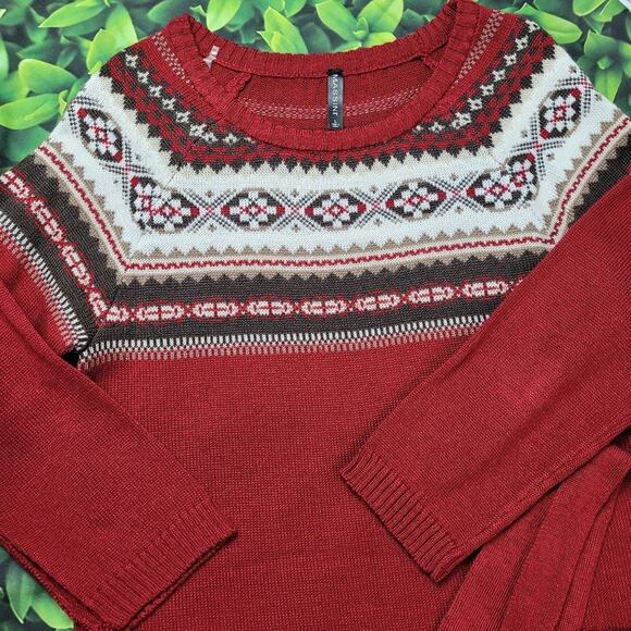 Massini Fair Isle Dark Red Maroon Sweater Dress Tunic Self Sash Belt size Large - Picture 3 of 13